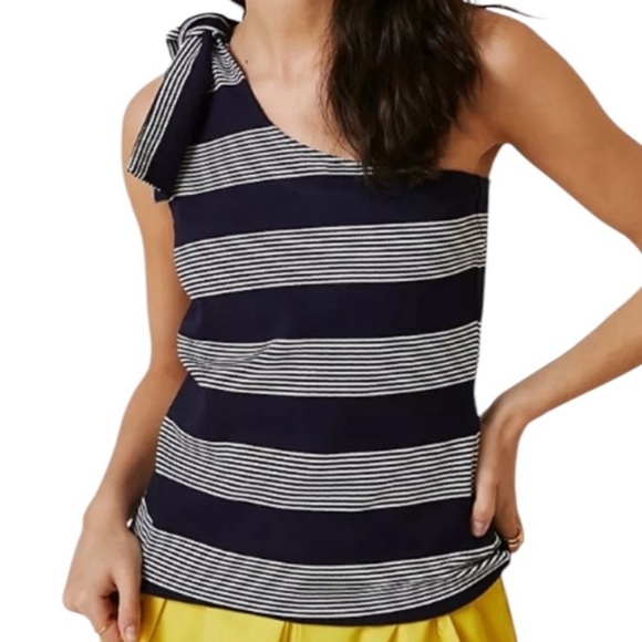 bishop + young Tops - NWT BISHOP + YOUNG Navy & White Striped One-Shoulder Top Size Medium